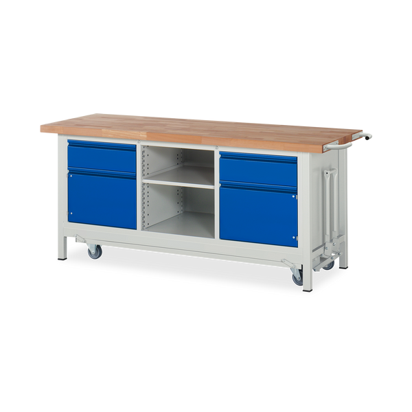 Fahrbare Werkbank (Absenkbar) mit Ablagefach ink. 2x Schubladen und 2x Türen