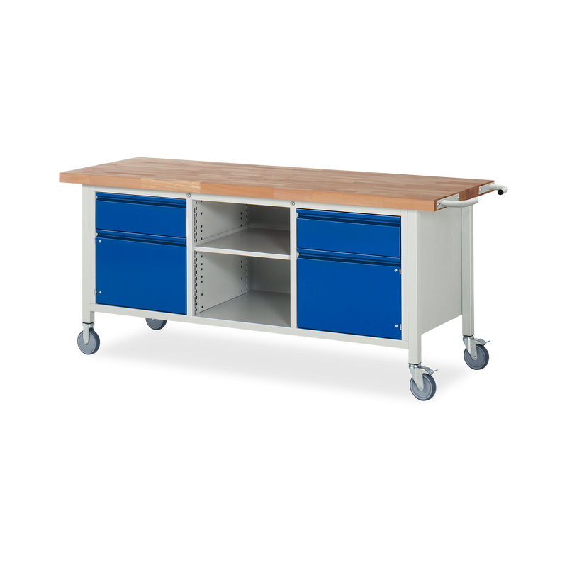 Fahrbare Werkbank (Absenkbar) mit Ablagefach ink. 2x Schubladen und 2x Türen