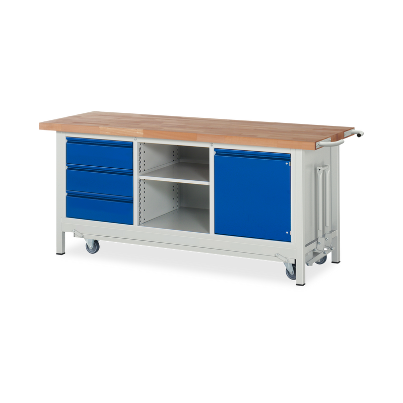 Fahrbare Werkbank (Absenkbar) mit Ablagefach ink. 3x Schubladen und 1x Türe