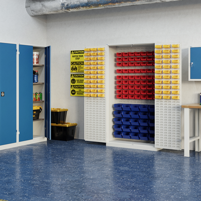 Werkstattschrank mit Lochwand für Kleinteil-Boxen