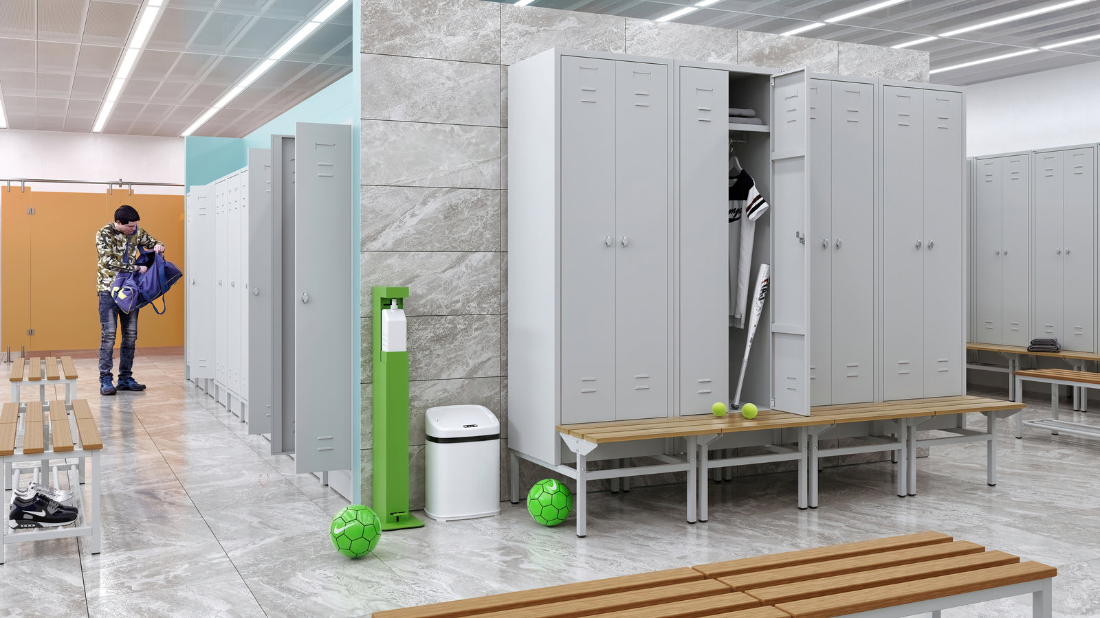Einrichtung für Umkleideräume.