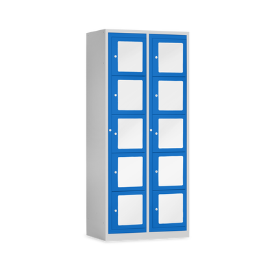 Schließfachschrank mit Sichtfenster (600 mm) in Lichtgrau / Enzianblau