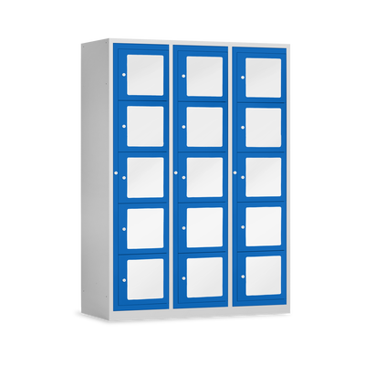 Schließfachschrank mit Sichtfenster (1200 mm) in Lichtgrau / Enzianblau