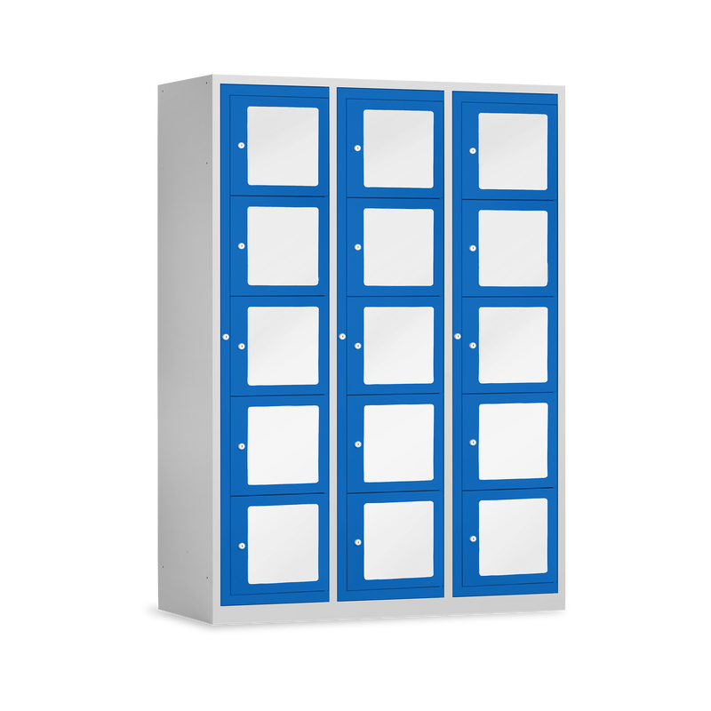 Schließfachschrank mit Sichtfenster (1200 mm) in Lichtgrau / Enzianblau