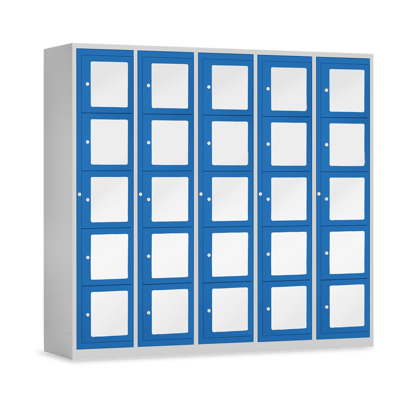 Schließfachschrank mit Sichtfenster (1500 mm) in Lichtgrau / Enzianblau
