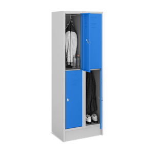 Fächerspind, 300 mm Abteilbreite, 2 Abteile, offen, Korpus Lichtgrau (RAL 7035), Türen Enzianblau (RAL 5010).