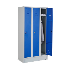 Umkleidespind, 300 mm Abteilbreite, 3 Abteile, offen, Korpus Lichtgrau (RAL 7035), Türen Enzianblau (RAL 5010).