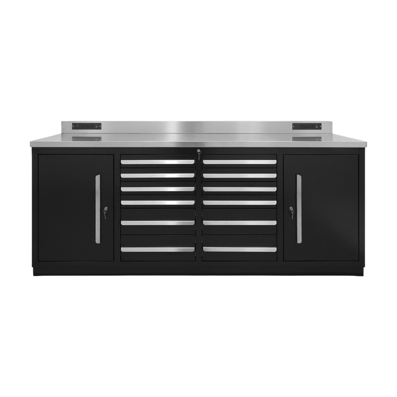Werkbank PRO mit 12 Schubladen und 2 Schrankfächern – 2.150 mm, Tiefschwarz