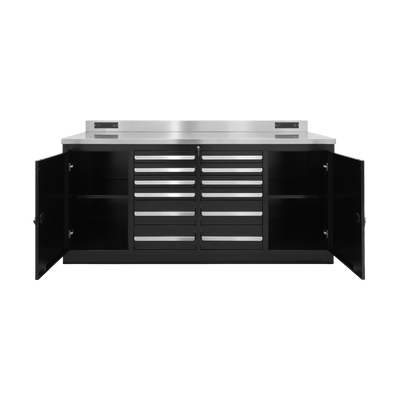 Werkbank PRO mit 12 Schubladen und 2 Schrankfächern – 2.150 mm, Tiefschwarz