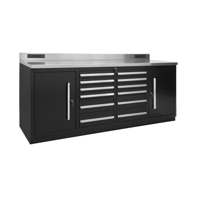 Werkbank PRO mit 12 Schubladen und 2 Schrankfächern – 2.150 mm, Tiefschwarz