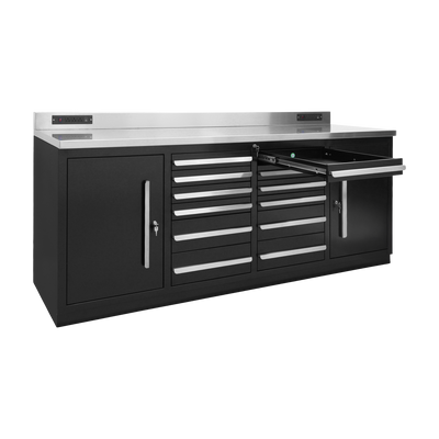 Werkbank PRO mit 12 Schubladen und 2 Schrankfächern – 2.150 mm, Tiefschwarz