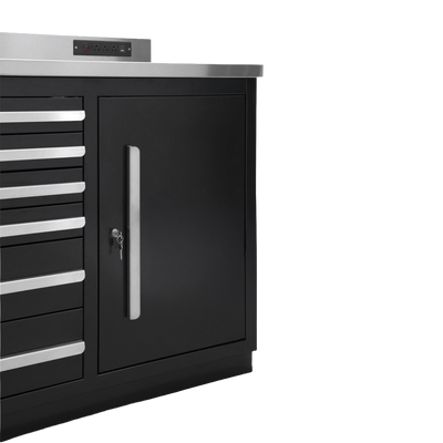 Werkbank PRO mit 12 Schubladen und 2 Schrankfächern – 2.150 mm, Tiefschwarz