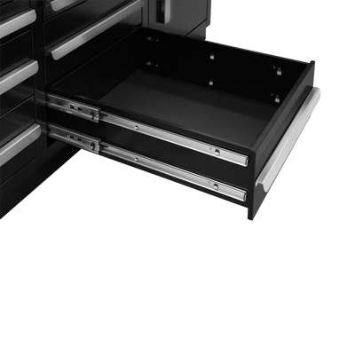 Werkbank PRO mit 12 Schubladen und 2 Schrankfächern – 2.150 mm, Tiefschwarz