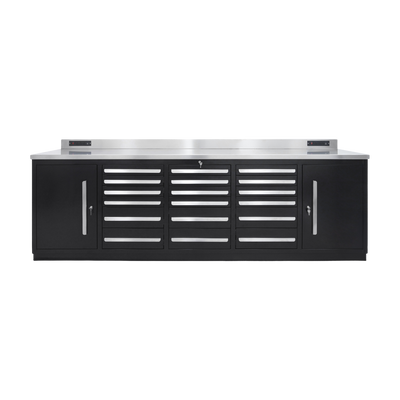Werkbank PRO – 18 Schubladen, 2 Schrankfächer – 2.850 mm, Tiefschwarz