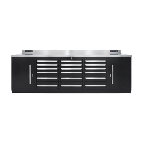 Werkbank PRO – 18 Schubladen, 2 Schrankfächer – 2.850 mm, Tiefschwarz