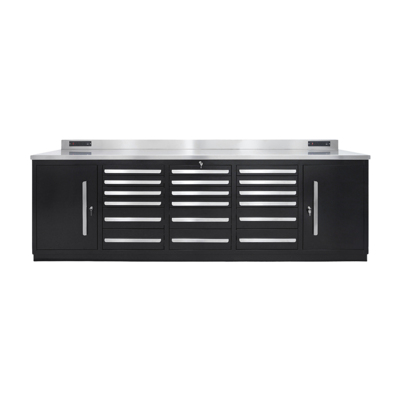 Werkbank PRO – 18 Schubladen, 2 Schrankfächer – 2.850 mm, Tiefschwarz