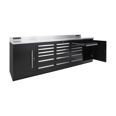 Werkbank PRO – 18 Schubladen, 2 Schrankfächer – 2.850 mm, Tiefschwarz