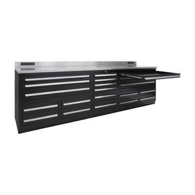 Werkbank PRO mit 20 Schubladen – 2.850 mm, Tiefschwarz