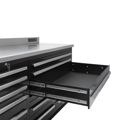 Werkbank PRO mit 20 Schubladen – 2.850 mm, Tiefschwarz