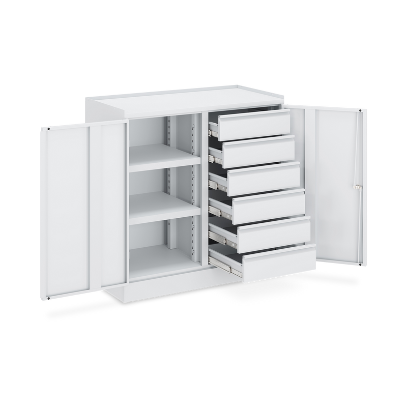 Werkzeugschrank (2-Türen) – 2 Fachböden & 6 Schubladen – Lichtgrau
