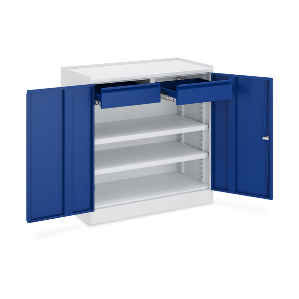 Werkzeugschrank (2-Türen) – 2 Fachböden & 2 Schubladen – Lichtgrau