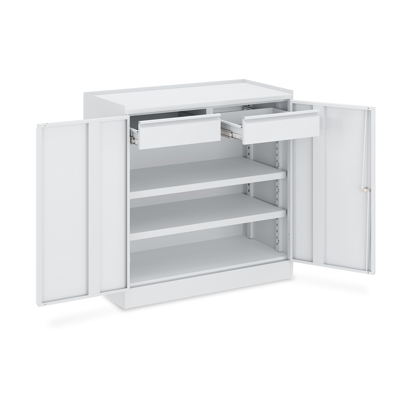 Werkzeugschrank (2-Türen) – 2 Fachböden & 2 Schubladen – Lichtgrau