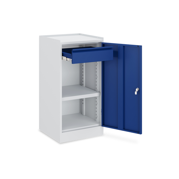 Werkzeugschrank (1-Türe) – 1 Fachboden & 2 Schubladen – Lichtgrau