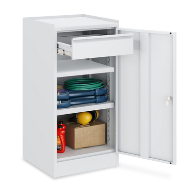 Werkzeugschrank (1-Türe) – 2 Fachböden & 1 Schublade – Lichtgrau