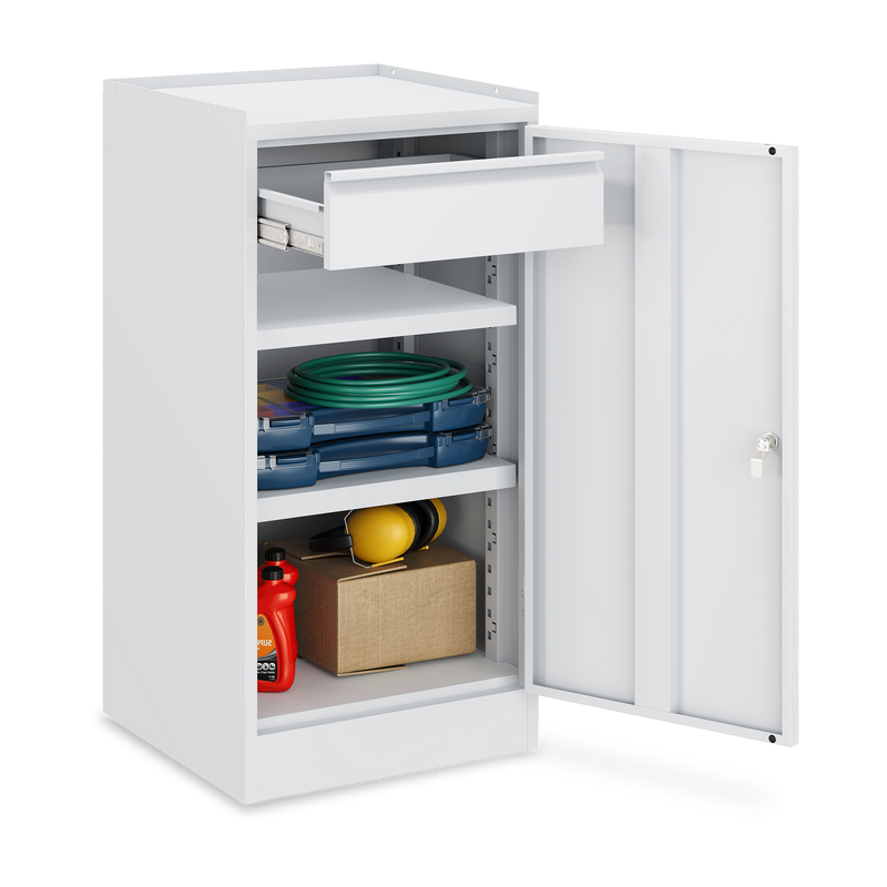 Werkzeugschrank (1-Türe) – 2 Fachböden & 1 Schublade – Lichtgrau