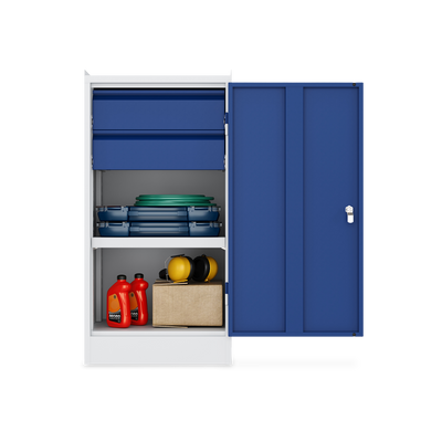Werkzeugschrank (1-Türe) – 1 Fachboden & 2 Schubladen – Lichtgrau
