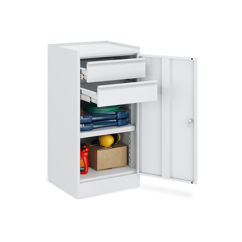 Werkzeugschrank (1-Türe) – 1 Fachboden & 2 Schubladen – Lichtgrau
