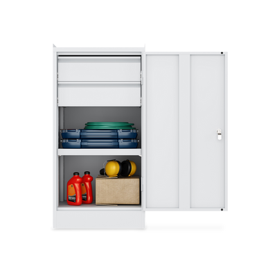 Werkzeugschrank (1-Türe) – 1 Fachboden & 2 Schubladen – Lichtgrau