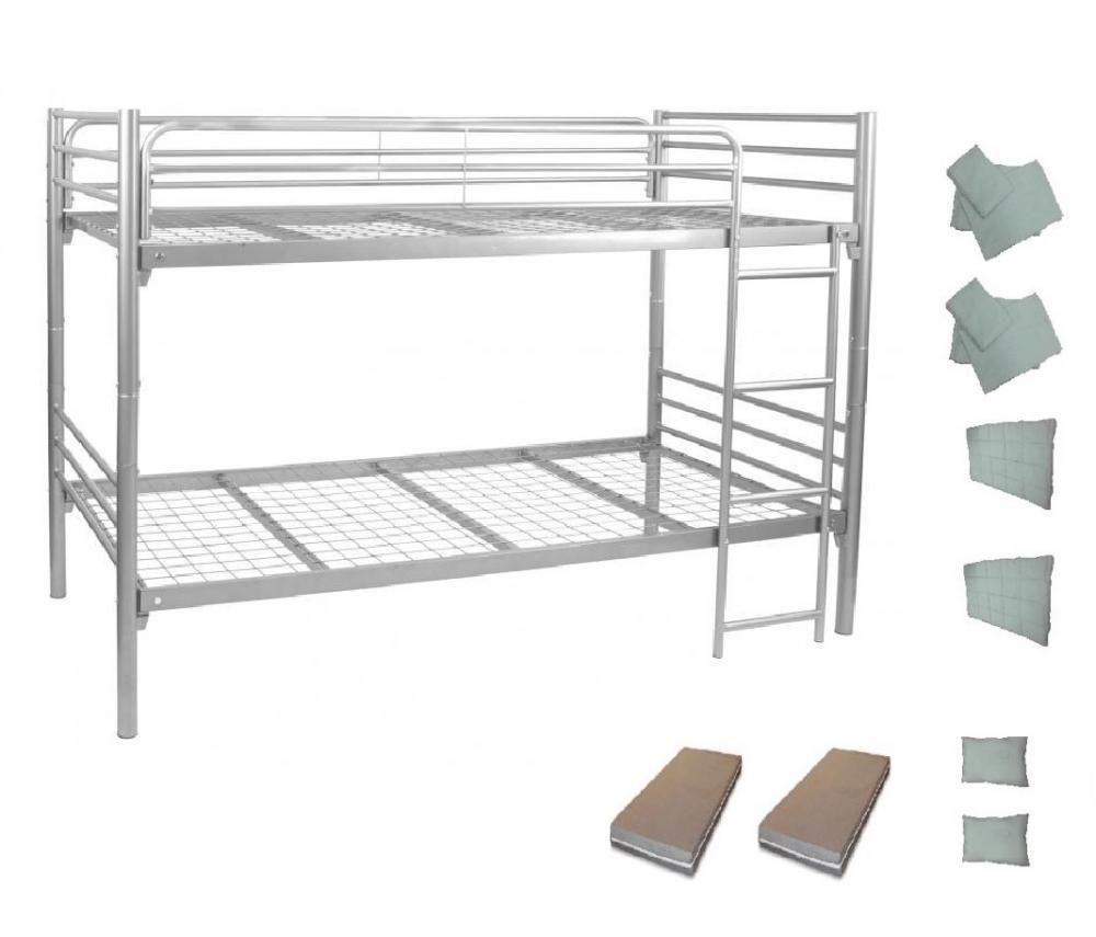 Etagenbett Metall Set / Komplettset mit Matratzen, Bettüchern, Bettdecken und Kopfkissen, silber RAL 9006, schnelle Lieferung/Express-Versand